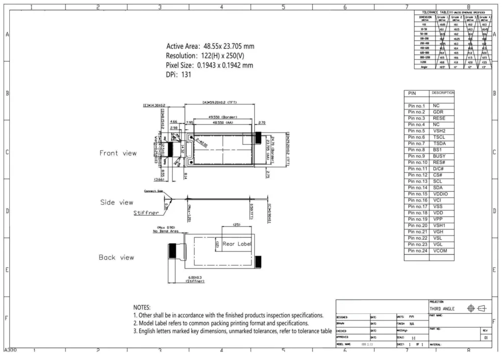 Design drawings for a 2.13-inch three-color electronic paper display module with ultra-low power consumption.