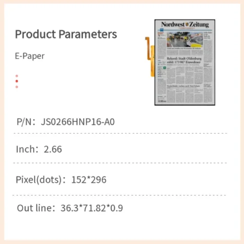 JicTech 2.66-Inch E-Paper Display Module High-contrast reflective e-pape