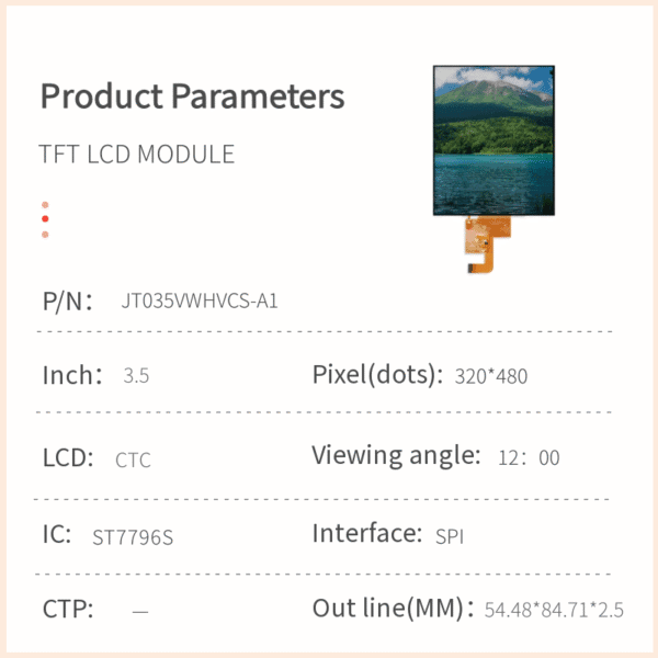 3.5 Inch TFT LCD Module 320x480 RGB - Jictech