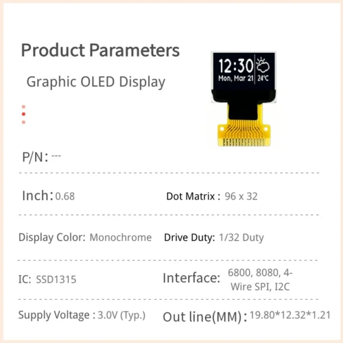 0.68 inch OLED Display Module with 96x32 Resolution - ZIF FPC, SSD1315 Controller_1 0.68 inch OLED Display Module with 96x32 Resolution - ZIF FPC, SSD1315 Controller