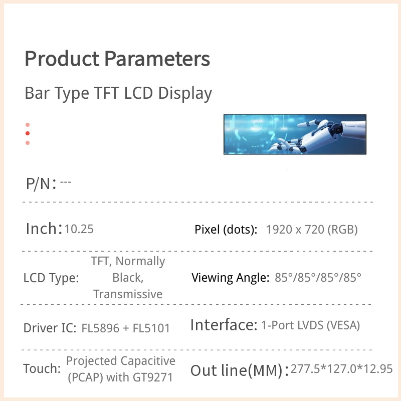 10.25 inch Bar-Type TFT LCD Module - 1920x720 LVDS with PCAP Touch