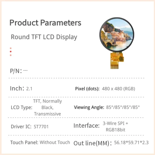 2.1 inch Round TFT LCD Module - 480x480 RGB+SPI Interface_1 2.1 inch Round TFT LCD Module - 480x480 RGB+SPI Interface