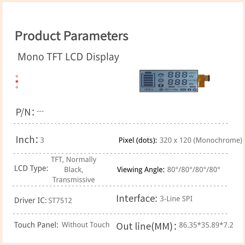 3-Zoll-TFT-LCD-Modul im Balkenformat (monochrom) – 320 × 120, SPI-Schnittstelle