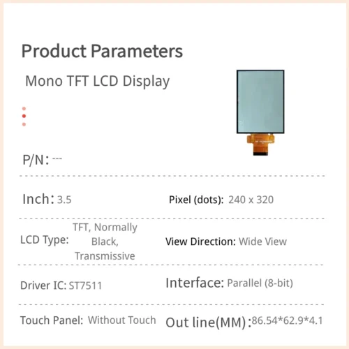 3.5인치 세로형 그레이스케일 TFT LCD 모듈 - 240x320 병렬 인터페이스