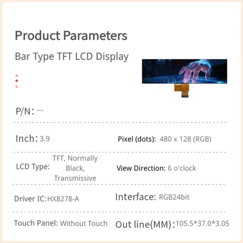 3.9 inch Bar-Type TFT LCD Module - 480x128 RGB24 Interface
