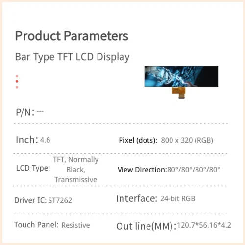 Módulo LCD TFT tipo barra de 4,6 pulgadas - 800x320 RGB24 con pantalla táctil resistiva