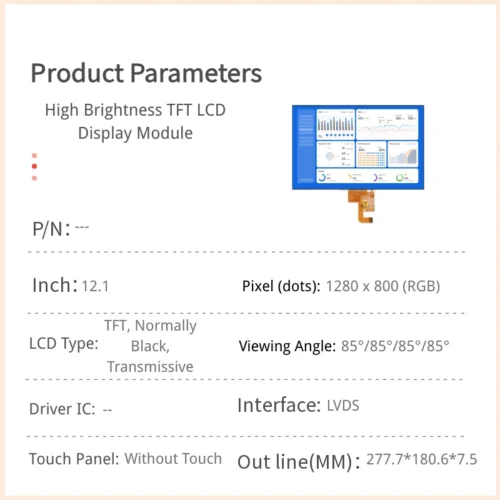 Module LCD TFT haute luminosité de 12,1 pouces - 1280 x 800, interface LVDS_1 Module LCD TFT haute luminosité de 12,1 pouces - Résolution 1280 × 800, interface LVDS