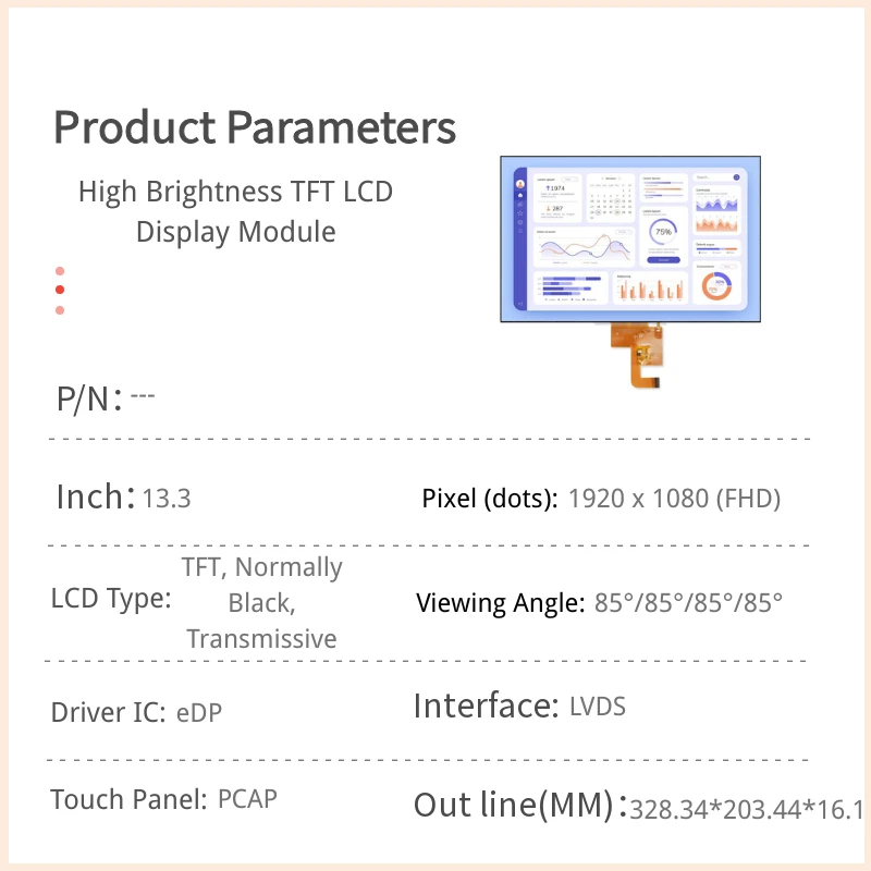 Module LCD TFT haute luminosité de 13,3 pouces - 1920 x 1080 eDP avec écran tactile PCAP