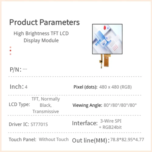 4 inch High Brightness TFT LCD Module - 480x480 Square RGB+SPI