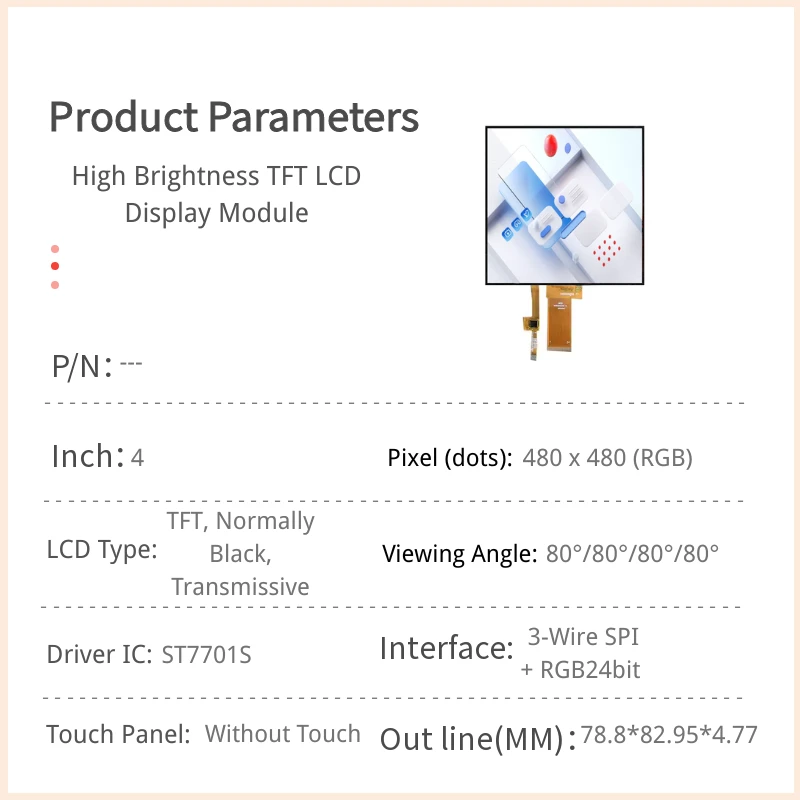 4 inch High Brightness TFT LCD Module - 480x480 Square RGB+SPI