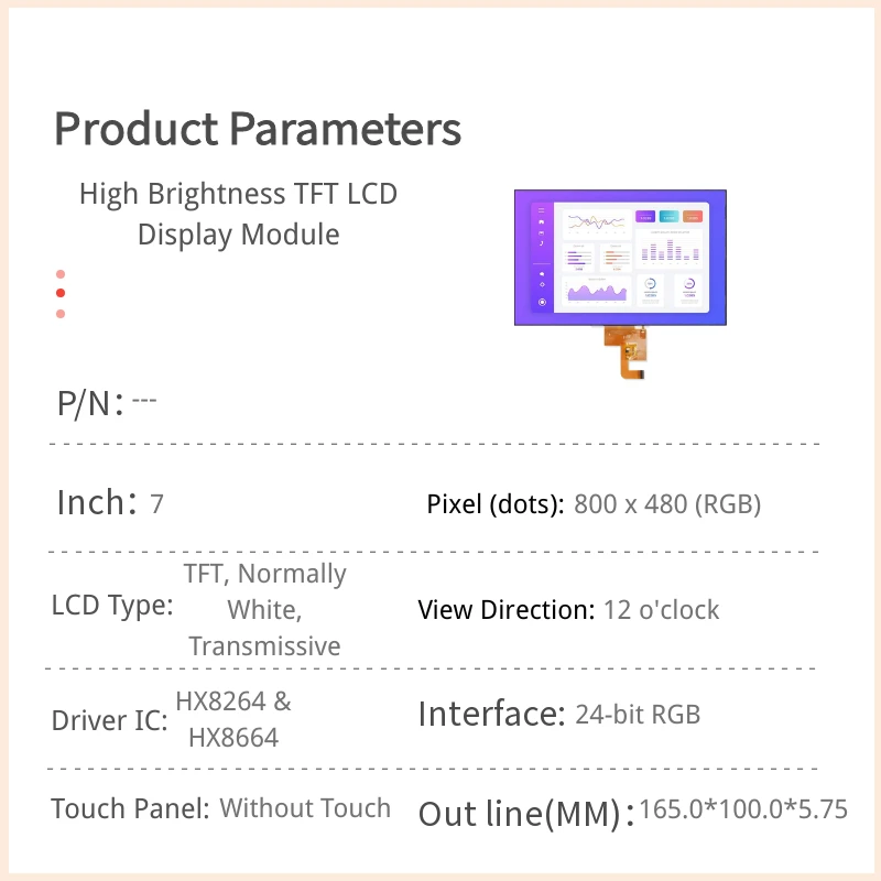 Module LCD TFT haute luminosité de 7 pouces - Interface RGB24 800 x 480